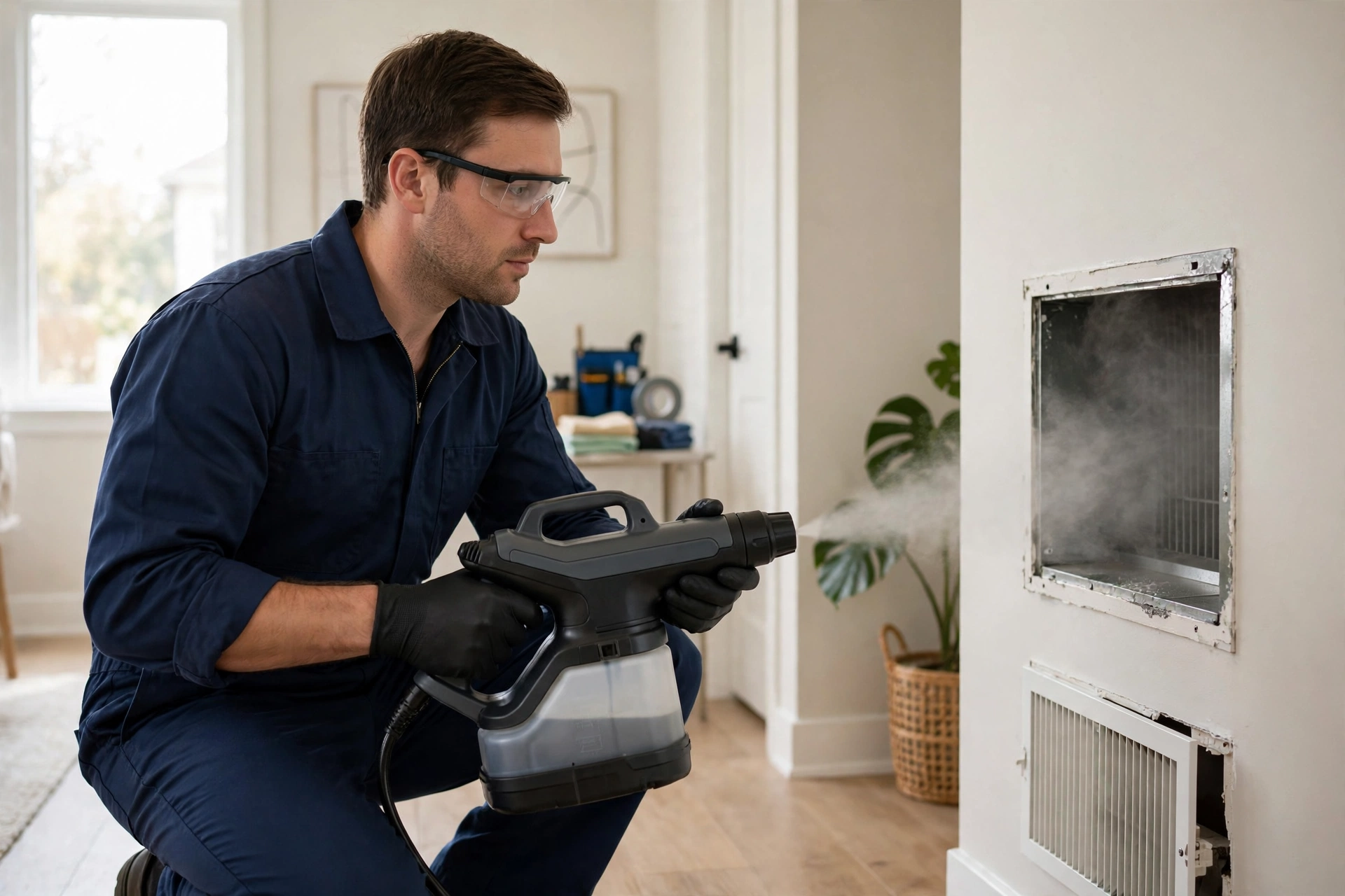 Technician sanitizing a home air duct vent