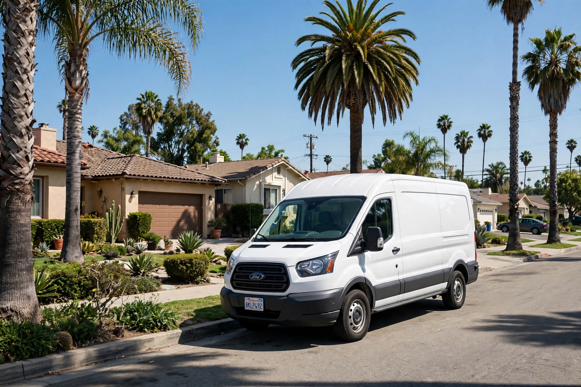 LO Duct Cleaning service van on a Los Angeles street with palm trees